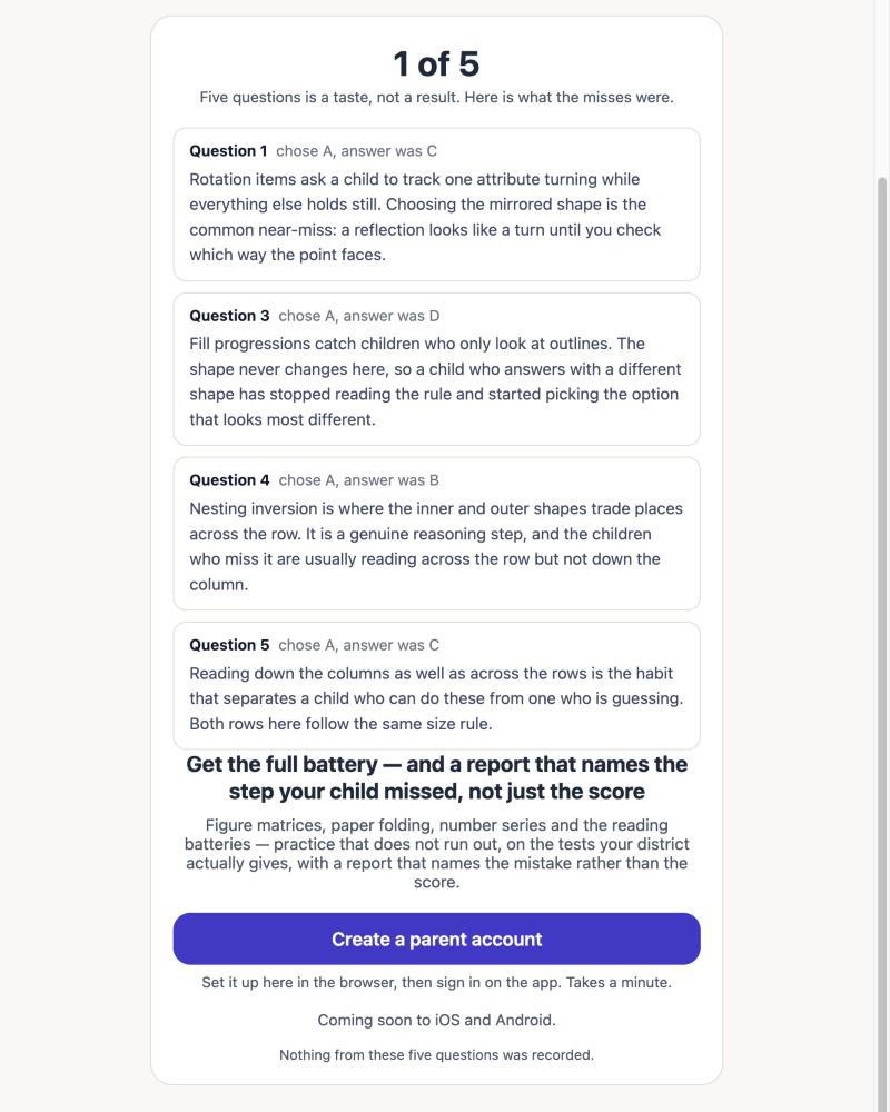 The end-of-sitting summary listing each missed question, the answer chosen, the correct answer, and a plain-English explanation of the mistake.
