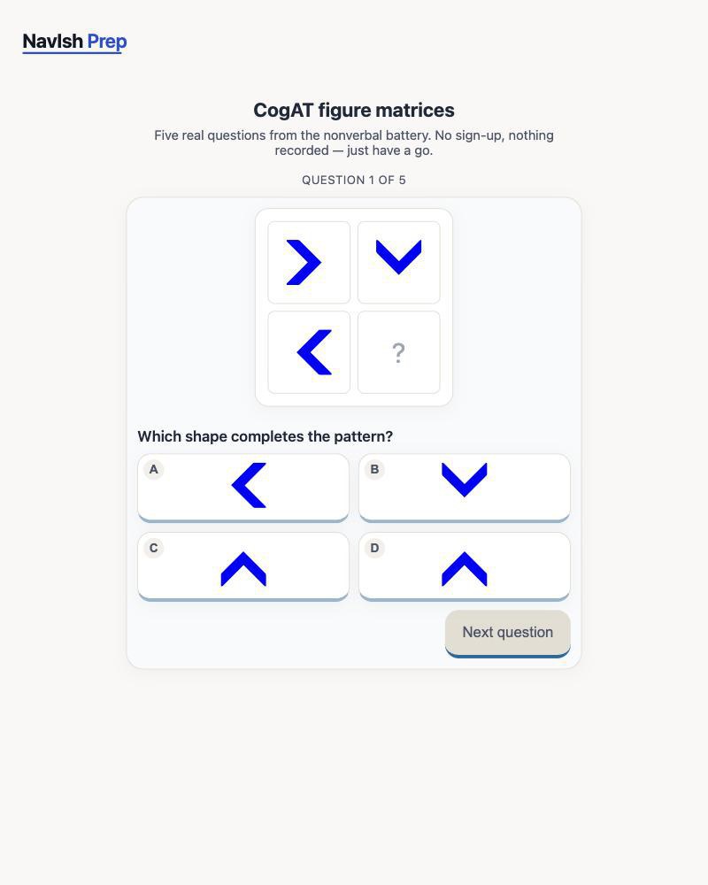 A CogAT figure matrix question in the NavIsh Prep app, showing a three-by-three grid of blue arrows with one cell missing and four answer choices labeled A to D.